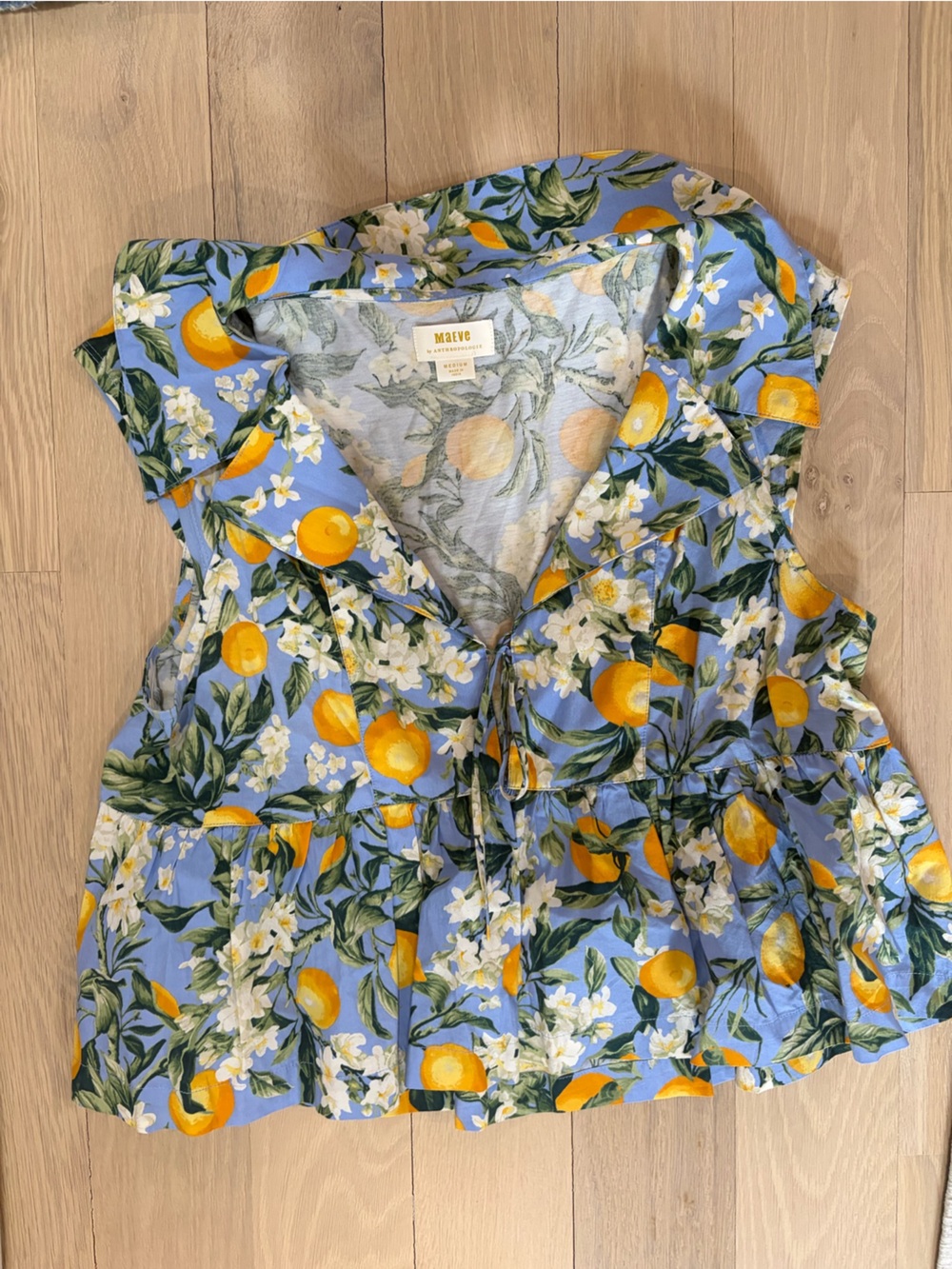 Anthropologie Sky-Blue Lemon & Floral Tie-Waist Blouse - Picture 2 of 8